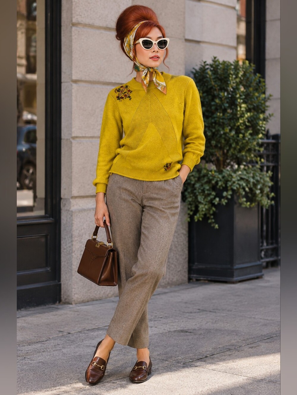 Women’s Mustard Yellow Embroidered Knit Fall Sweater